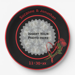 Red Roses Heart Black Personalized Wedding Photo Paper Plate