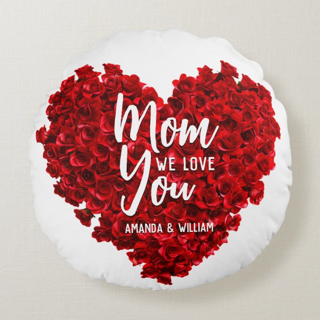 Red Roses Heart Love You Mom Mother's Day Round Pillow (Front)