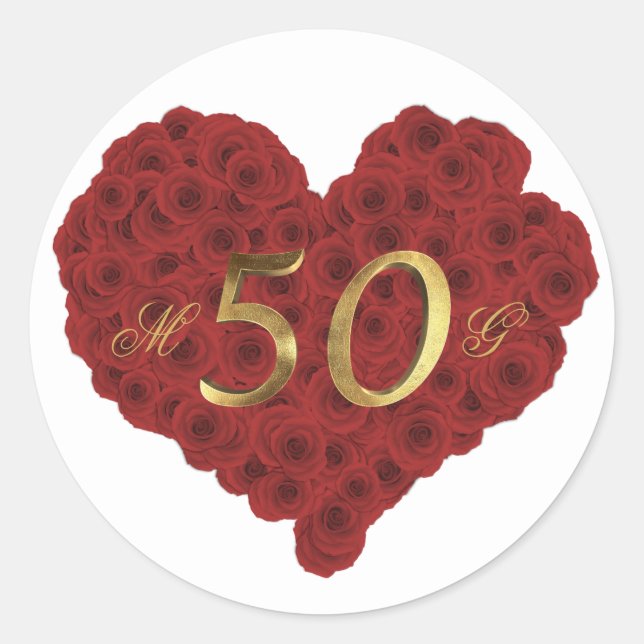 Red Roses Heart Romantic 50th Wedding Anniversary Classic Round Sticker (Front)