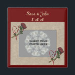 Red Roses Heart Wedding Photo Favour  Magnet<br><div class="desc">Elegant frame with red rosebuds and hearts save the date wedding favour refrigerator magnet. Ready for your special photo. Fill in your information in the template. Make more changes to text and font size, style, and colour. Add your photo by clicking on Change and upload your picture. Click on Customize...</div>