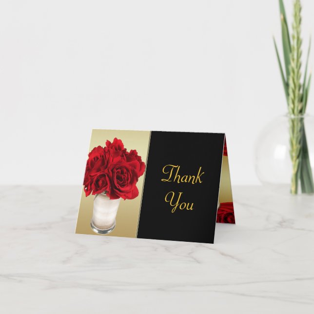 Red Roses & Hearts, Gold & Black Wedding Thank You Card (Front)