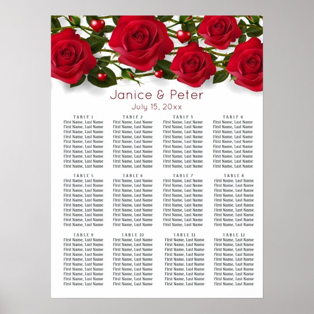 Red roses, hearts Wedding 12 Tables Seating Chart (Front)