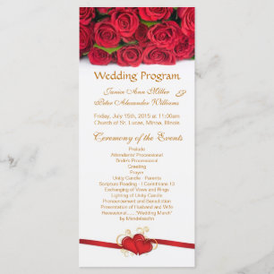 Red roses & hearts Wedding program Rack card