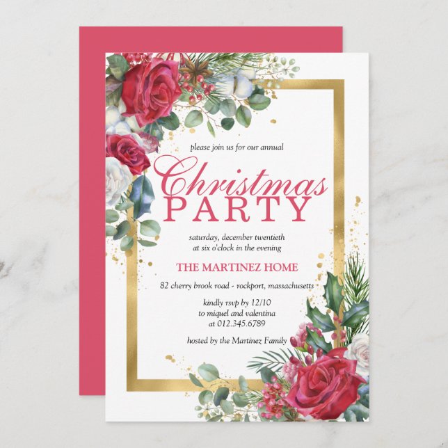 Red Roses Holly Berry Rustic Chic Christmas Party Invitation (Front/Back)