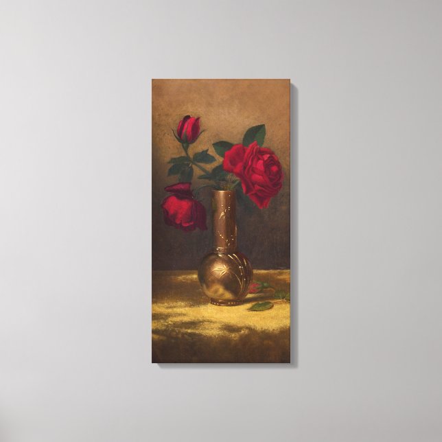 Red Roses in a Japanese Vase on Gold Velvet Cloth Canvas Print (Front)