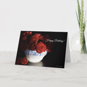 Red Roses in Blue & White Bowl Birthday Card