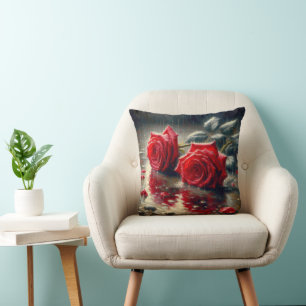 Red Roses In The Rain Throw Pillow