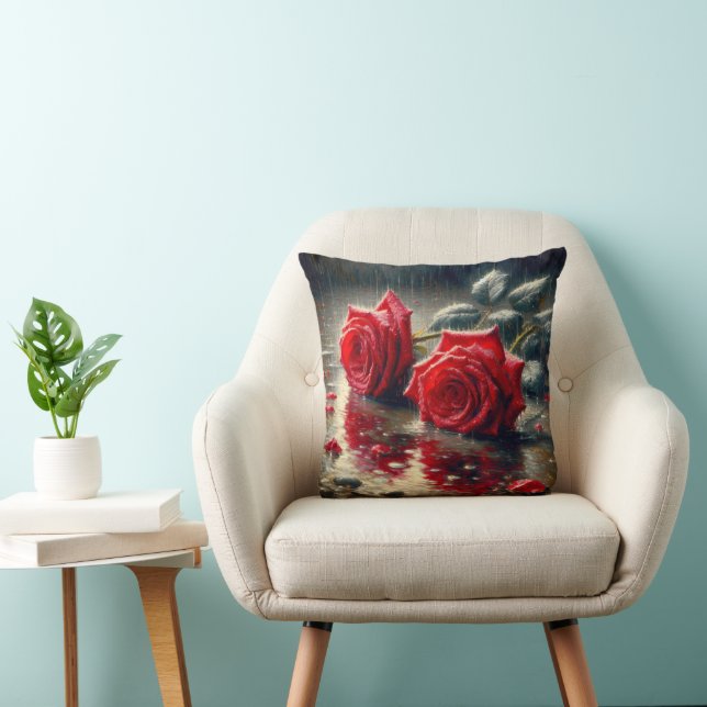 Red Roses In The Rain Throw Pillow (Chair)