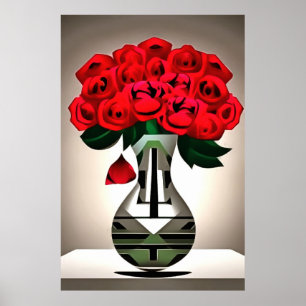 Red Roses In Vase Art Deco Abstract Art Poster