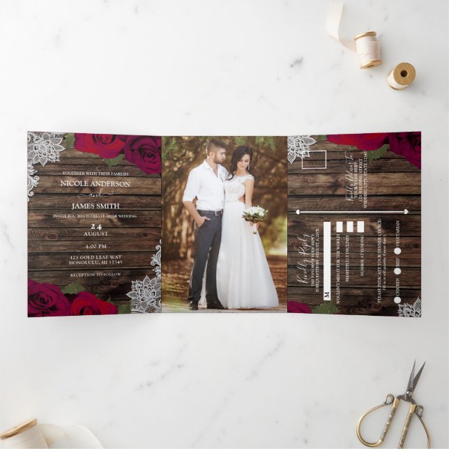 Red Roses & Lace Elegant Rustic Wood Wedding  Tri-Fold Invitation (Inside)