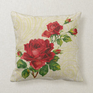 Red roses & lace floral vintage pillow
