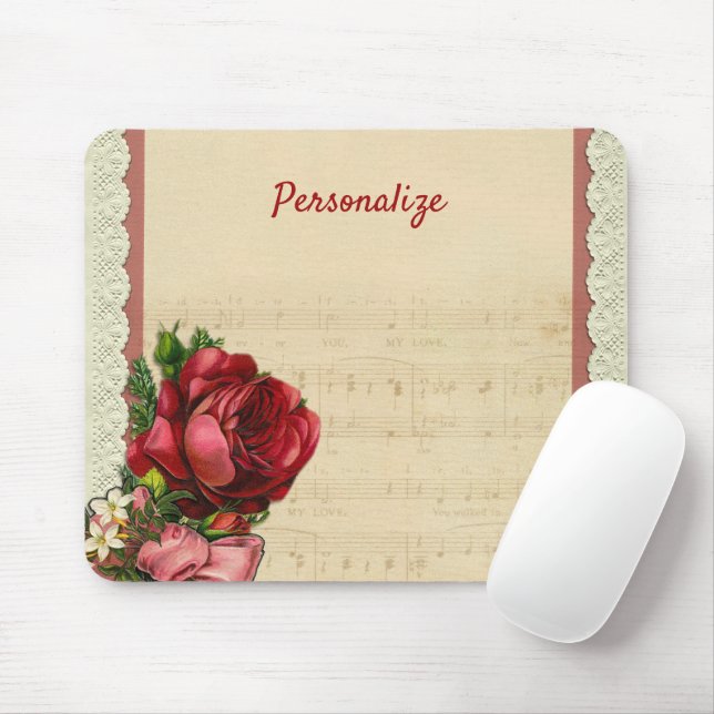 Red Roses, Lace & Sheet Music Personalize Mouse Pad (With Mouse)