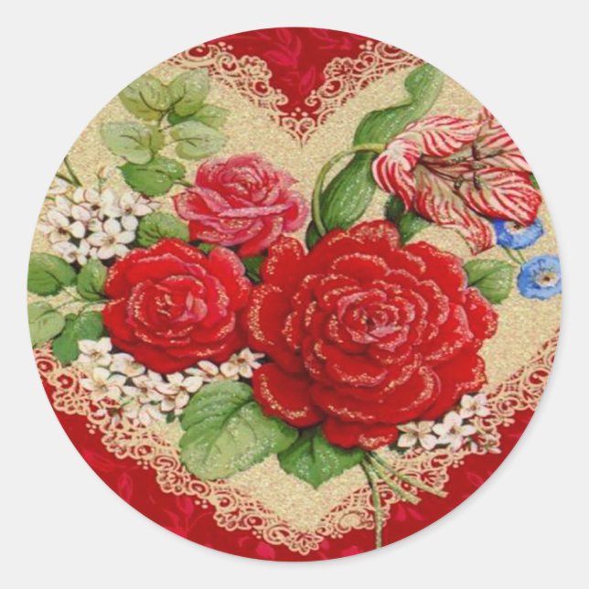 Red Roses & Lace Vintage Valentine Stickers (Front)