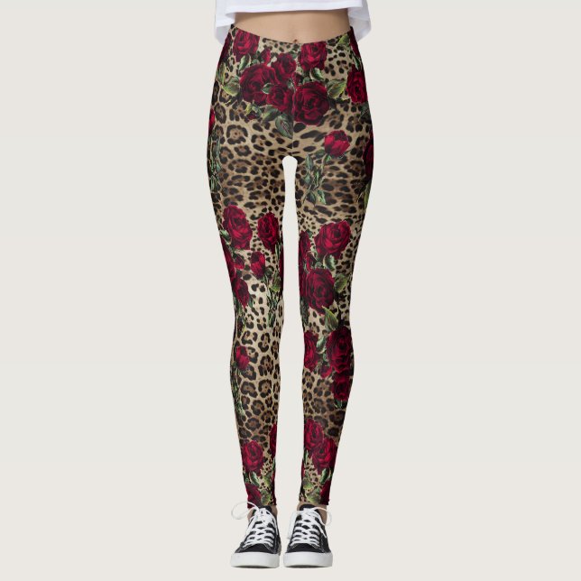 Red Roses Leopard print Leggings (Front)