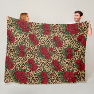 Red Roses Leopard print Pattern  Fleece Blanket