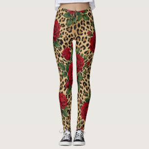 Red Roses Leopard print Pattern  Leggings