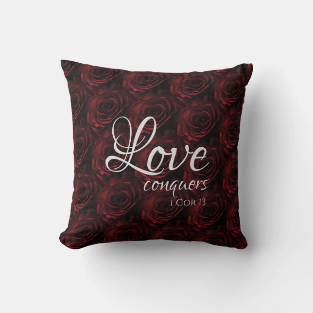 Red Roses LOVE CONQUERS Personalized Scripture Throw Pillow (Front)