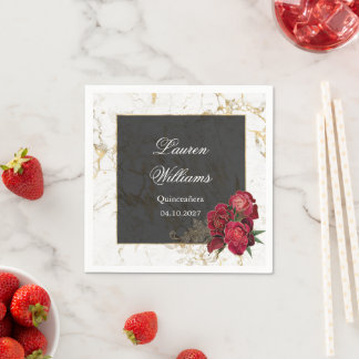 Red Roses Marble Quinceanera Party  Napkin