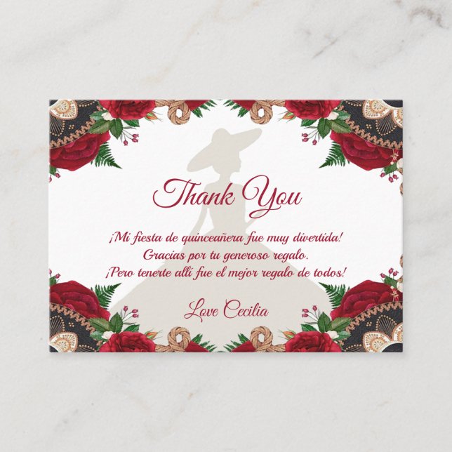 Red Roses Mariachi Quinceañera Merci Cartes (Devant)
