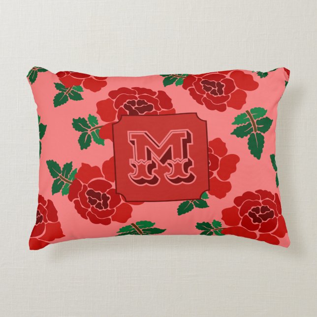 Red Roses Monogram  Accent Pillow (Front)