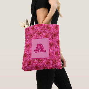 Red roses, monogram, personalized tote bag
