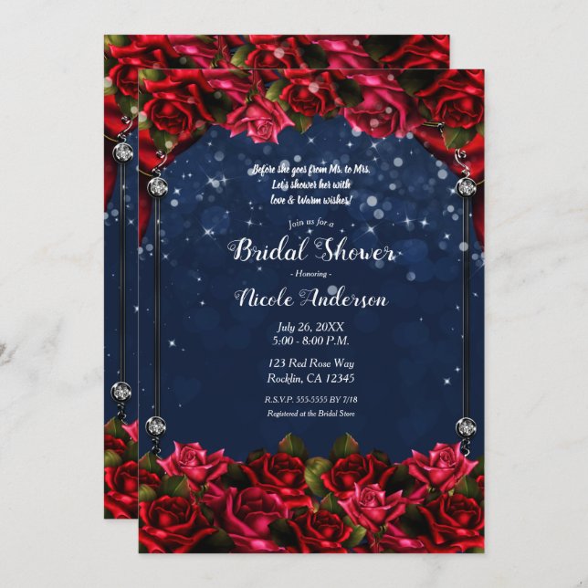 Red Roses Navy Blue Gold Enchanted Bridal Shower   Invitation (Front/Back)