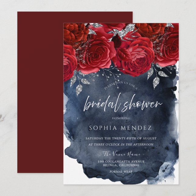Red Roses Navy Watercolor Splash Bridal Shower Invitation (Front/Back)