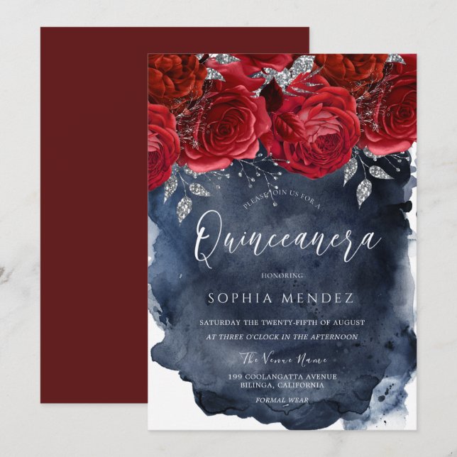 Red Roses Navy Watercolor Splash Quinceanera Party Invitation (Front/Back)