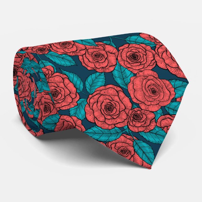 Red roses neck tie (Rolled)