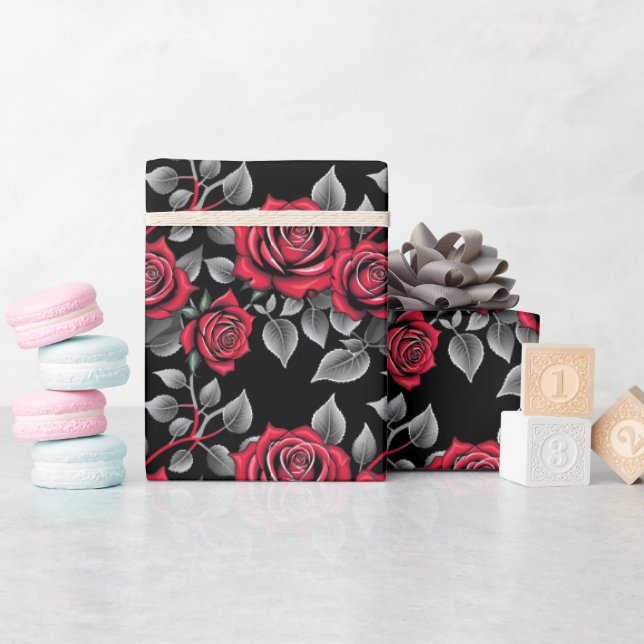 Red Roses On A Black Background Wrapping Paper (Baby Shower)