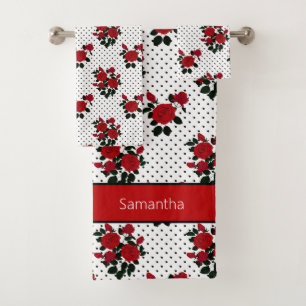 Red roses on a polka dot background.  bath towel s