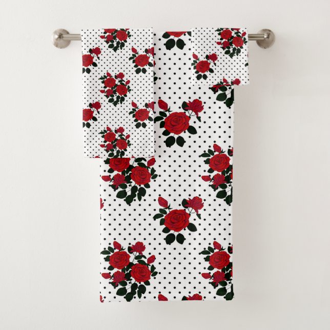 Red roses on a polka dot background.  bath towel set (Insitu)