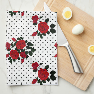 Red roses on a polka dot background.  kitchen towel
