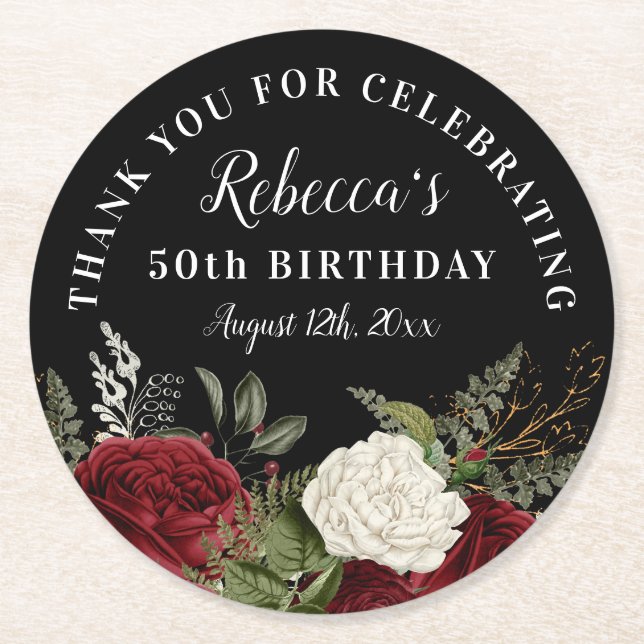 Red Roses on Black 50th Birthday Thank You Favour Round Paper Coaster (Front)