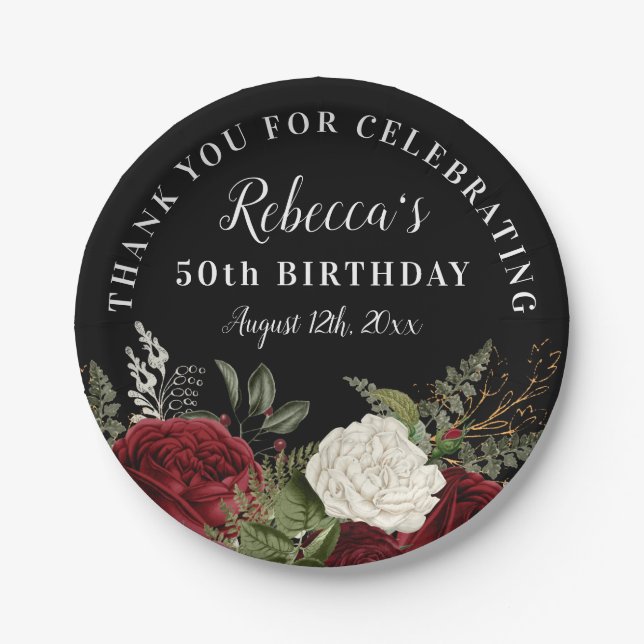 Red Roses on Black 50th Birthday Thank You Paper Plate (Front)