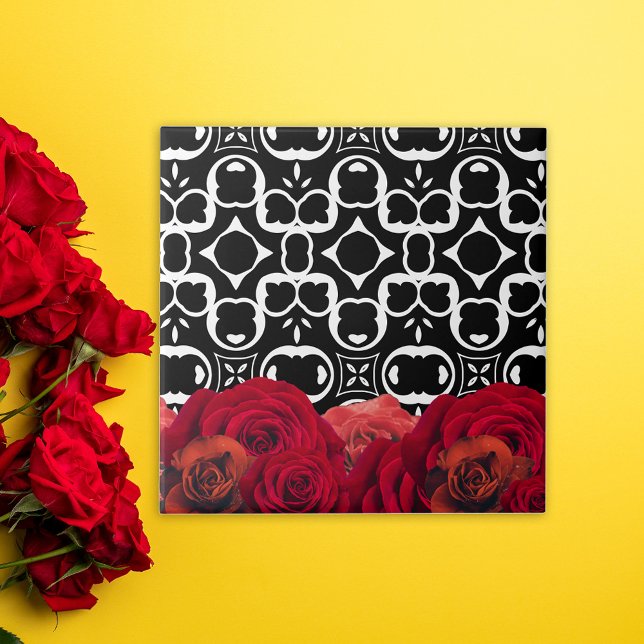 Red Roses On Black And White Geometric Pattern Tile (Creator Uploaded)