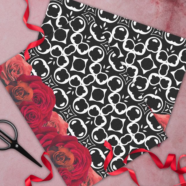Red Roses On Black And White Geometric Pattern Tissue Paper (Creator Uploaded)