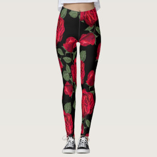 Red Roses on Black Background Leggings