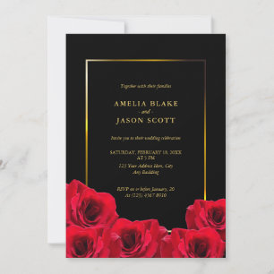 Red Roses on Black   Gold Frame with Photo Wedding Invitation