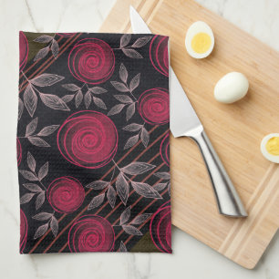 Red roses on black. kitchen towel