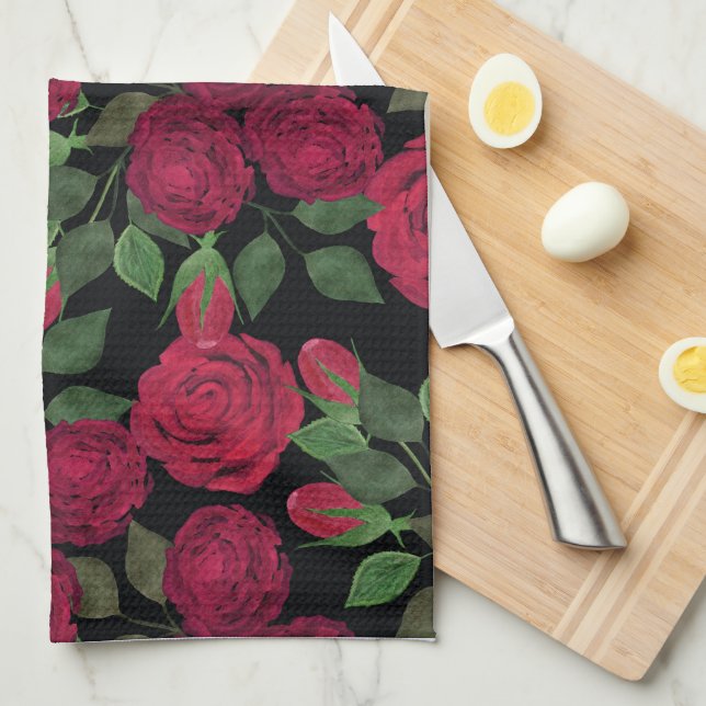 Red roses on black.  kitchen towel (Quarter Fold)