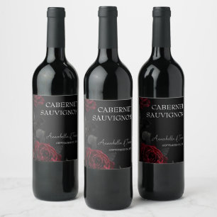 Red Roses on Black Moody Floral Gothic Wedding Wine Label