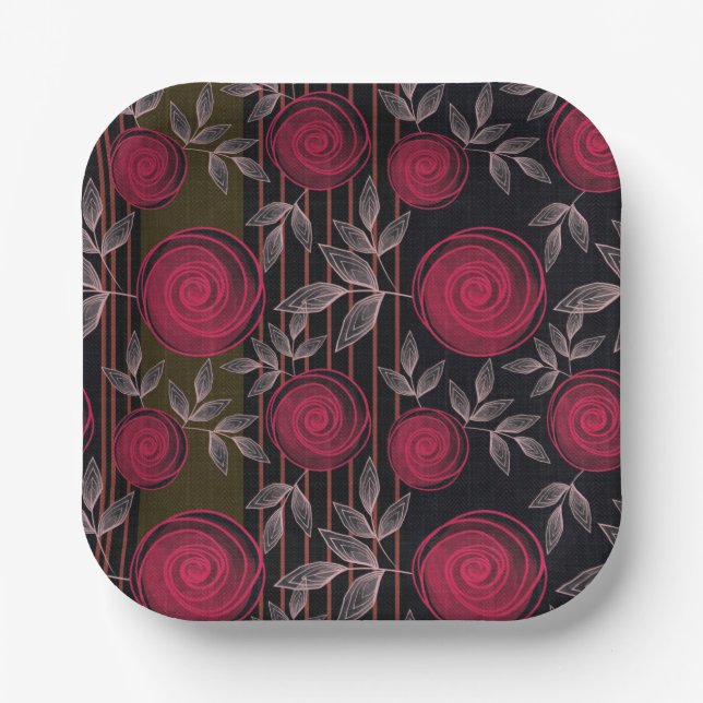 Red roses on black. paper plate (Front)