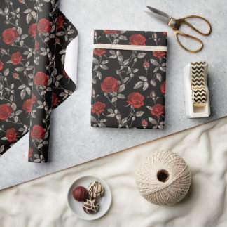 Red Roses on Black Toile De Jouy Wrapping Paper