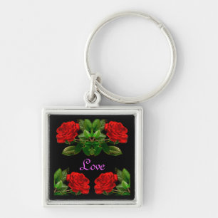 Red Roses on Black Velvet Floral Abstract Design Keychain