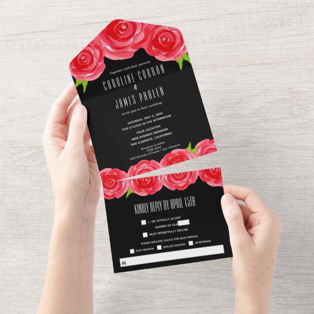 Red Roses on Black Wedding All In One Invitation (Tearaway)