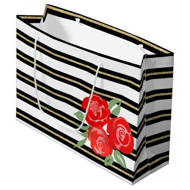 Red Roses on Black, White, Gold Gift Bag (Front Angled)