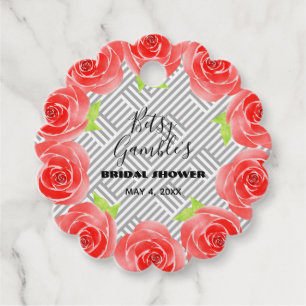Red Roses on Black White Stripes Derby Party Favour Tags