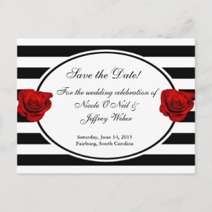 Red Roses on Black & White Wedding Save the Date Announcement Postcard