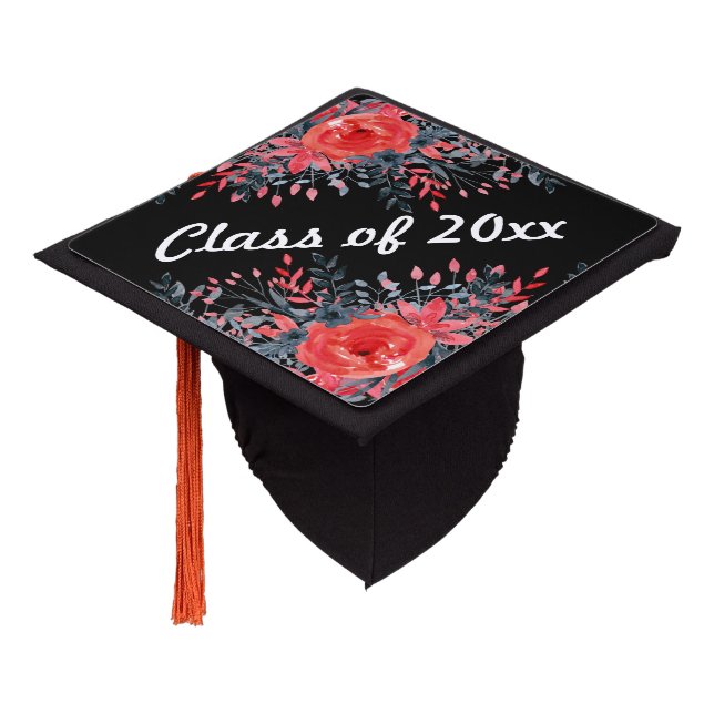 Red Roses on Black with Class of Year Graduation Cap Topper (Angled)